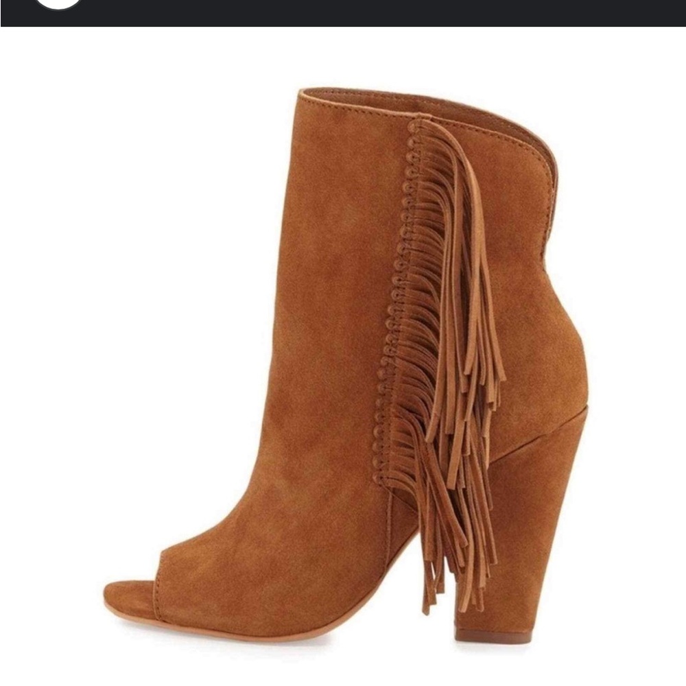 Dolce Vita Mazarine Suede Fringe Peep Toe Bootie Dark Saddle, 6.5